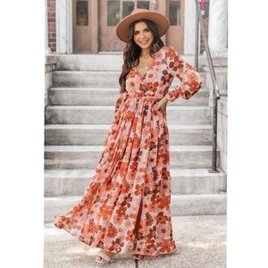 Pink Lily Red Floral Flower Maxi Dress Long Sleeve Groovy Plunge Sheer Large